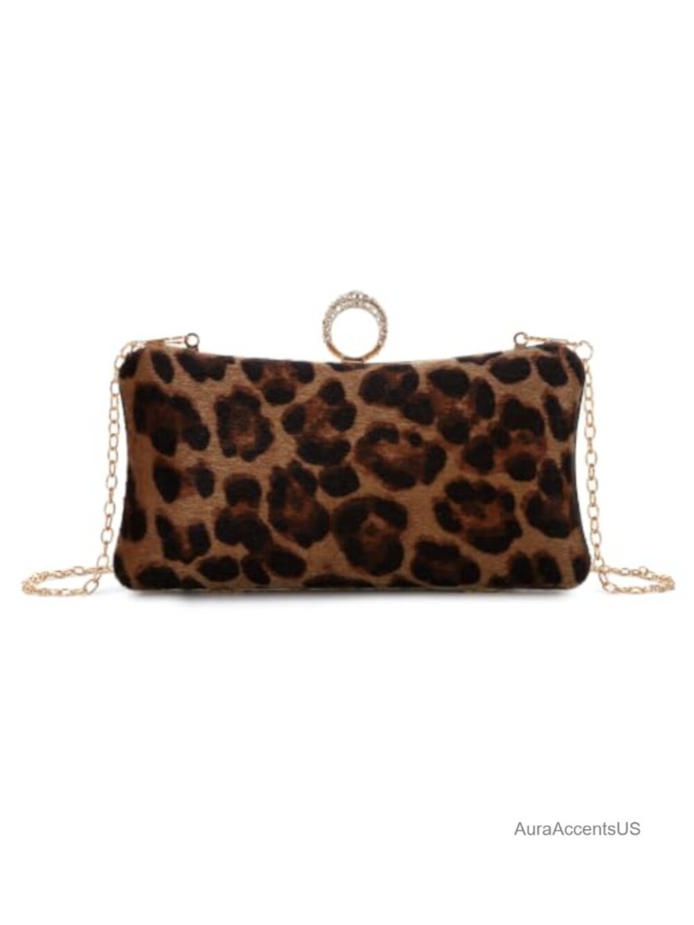 Faux Suede Leopard Print Evening Clutch with Metal Frame
